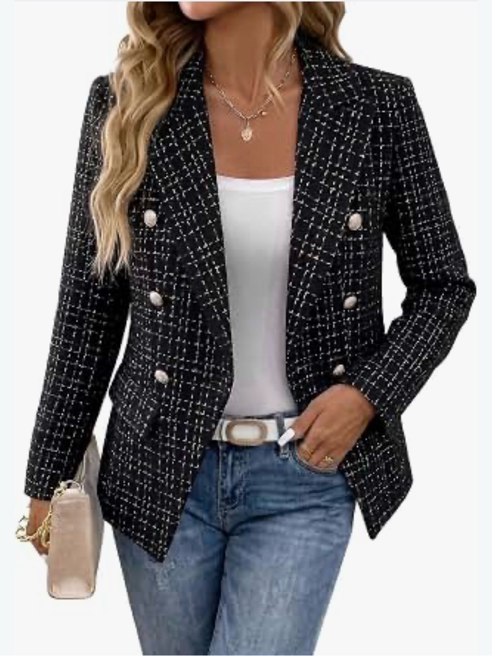 Mina Self- Double-Breasted Women's Blazer Jacket - Black with Gold metallic